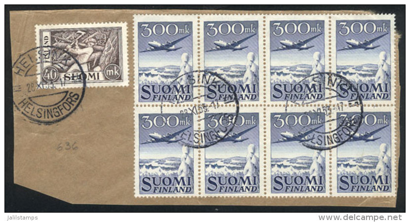 Sc.C3, 1950 300Mk. Blue, Beautiful Block Of 8 On Fragment With Postmark Of Helsinki 28/NO/1953, VF! - Oblitérés