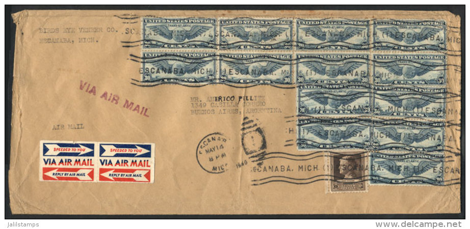 Airmail Cover Sent From Escanaba To Argentina On 14/MAY/1940 With Spectacular Postage Of $4, Very Attractive! - Marcophilie