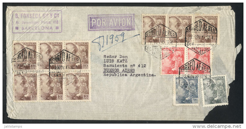 Registered Airmail Cover Sent From Barcelona To Argentina On 22/NO/1945 With Spectacular Postage Of 98.90Ptas.,... - Autres & Non Classés