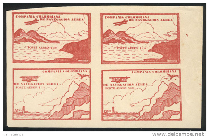 Yvert 11, 10c. Carminish Red (airplane And Mountains), Block Of 4 Of The 2 Different Cinderellas, Mint No Gum As... - Colombie