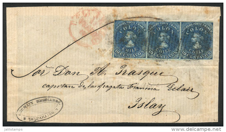 Front Of A Folded Cover Franked With 30c. (strip Of 3 Colombus 10c. Blue, Yvert 6, Inverted Watermark), With... - Chile