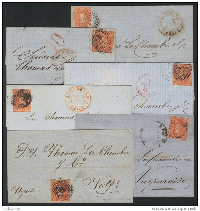 6 Folded Covers And Entire Letters Posted Between 1862 And 1866 To Valparaiso, From Algarrobo, Santiago, Cabildo... - Chili