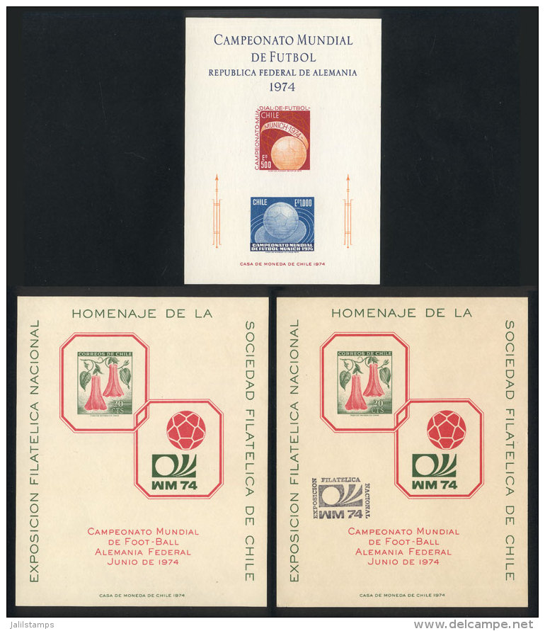 1974 Germany Football World Cup, Imperforate Souvenir Sheet With 2 Values + 2 Sheets (one Canceled) Issued By The... - Chile