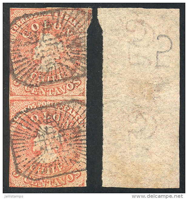 Sc.14, 1865 5c. Red, Santiago Printing, Vertical Pair With Interesting Mute Octagonal Cancel, Very Attractive! - Chili