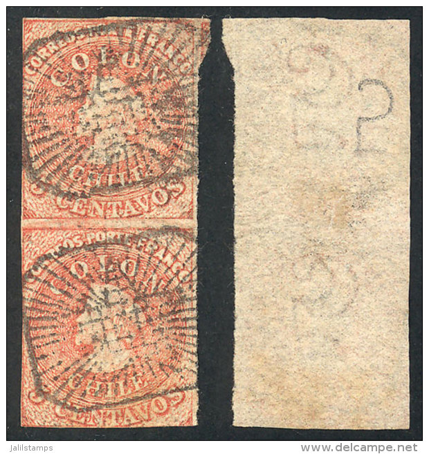 Sc.14, 1865 5c. Red, Santiago Printing, Vertical Pair With Interesting Mute Octagonal Cancel, Very Attractive! - Chile