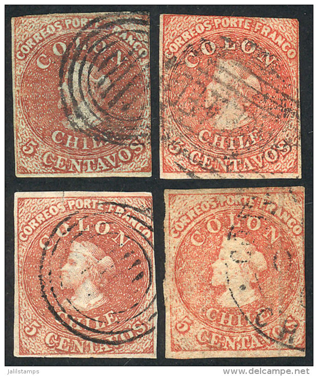 4 Columbus Stamps Of 5c. (including Different Printings), With 3 Margins, And One With Minor Defects. - Chili