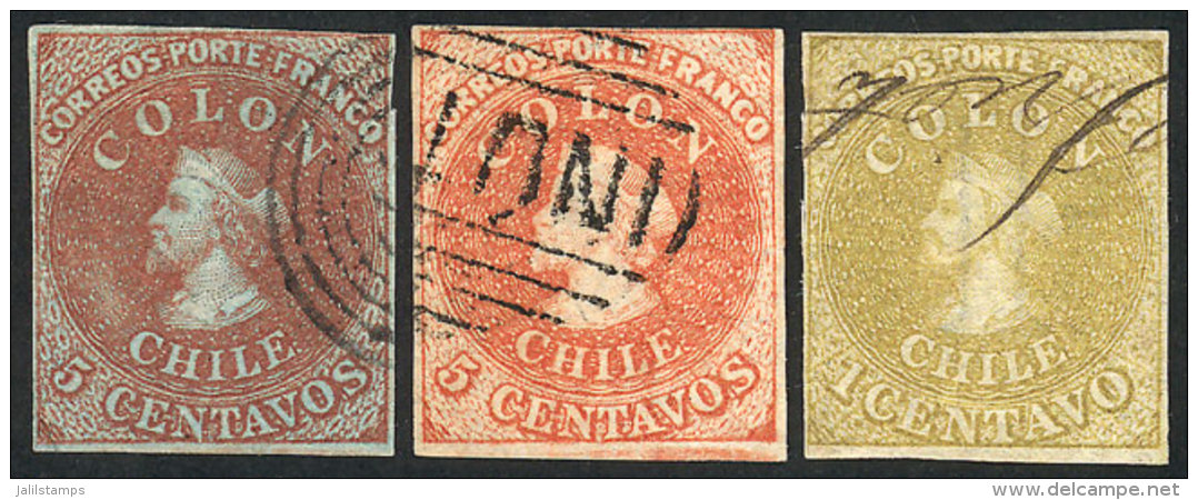 Yvert 4 + 5 + 7, Used (the Latter With Fiscal Pen Cancel), 4 Margins, Fine To VF Quality! - Chili