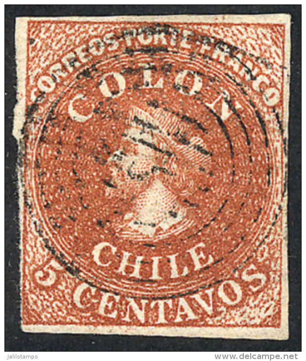 Sc.7, 1854 Colombus 5c. Lithographed, Used, 4 Complete Margins, Very Nice Example, Catalog Value US$300. - Chili