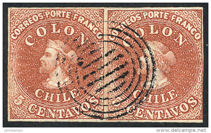 Sc.3, 1854 5c. Colombus, Printed In Santiago By Desmadryl, Beautiful Pair With 3 Wide Margins And The Right One... - Chile