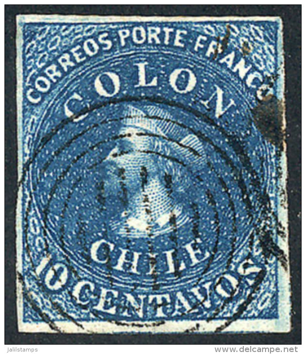 Sc.2, 1853 Colombus 10c. Dark Blue, London Printing, Immense Margins, Tiny Thin On Back (barely Visible), Superb... - Chili