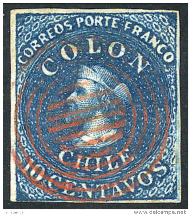 Sc.2, 1853 Colombus 10c. Dark Blue, London Printing, Used With Red Cancel, Left Sheet Margin (and Vertical Line... - Chili