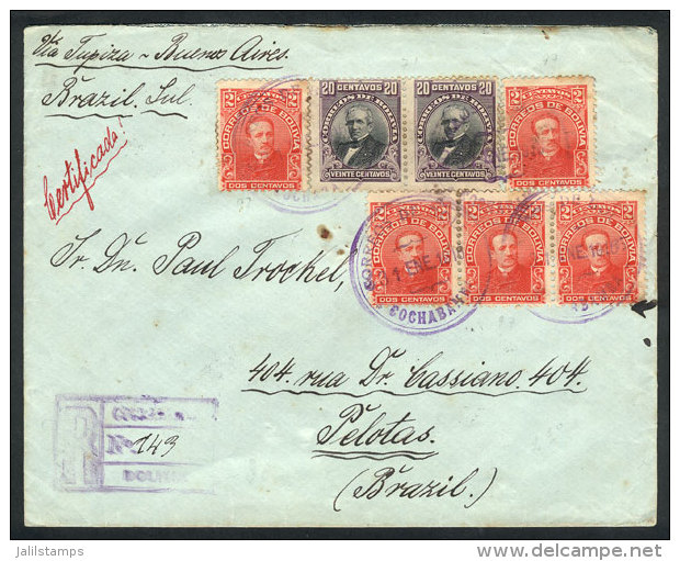 Registered Cover Sent From Cochabamba To Pelotas (Brazil) On 31/JA/1916 With Nice Postage Of 50c., With Transit... - Bolivie