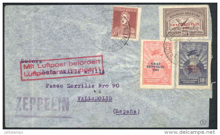 GJ.720/722, 1932 Zeppelin, Complete Set Of 3 Values + 30c. San Martín, On Cover Sent By ZEPPELIN To SPAIN On... - Poste Aérienne