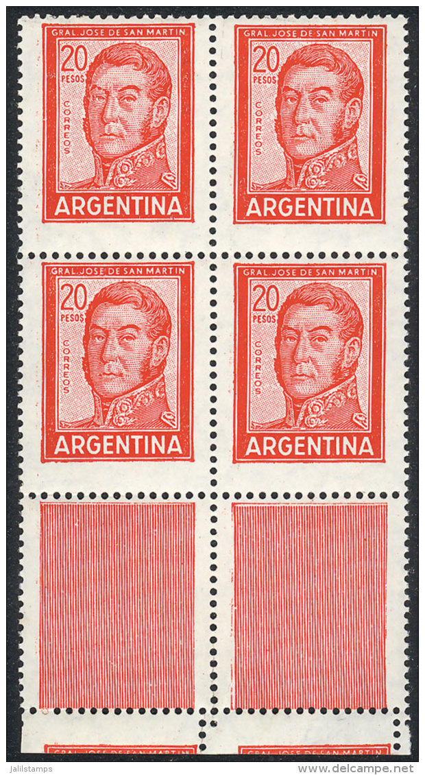 GJ.1310CJ, San Martín 20P. Typographed, Printed On Chalky Paper, Block Of 4 With 2 Extremely Rare Decorated... - Autres & Non Classés