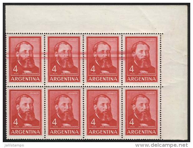 GJ.1304, Corner Block Of 8, With Variety: THICK Horizontal Lines Along The Top Stamps, MNH But With Small Stain... - Sonstige & Ohne Zuordnung