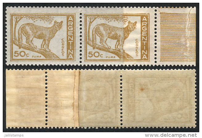 GJ.1126, 50c. Puma, Pair On JOINT PAPER Variety (end-of-roll Splice), With A Stain Spot On Gum, Else VF! - Other & Unclassified