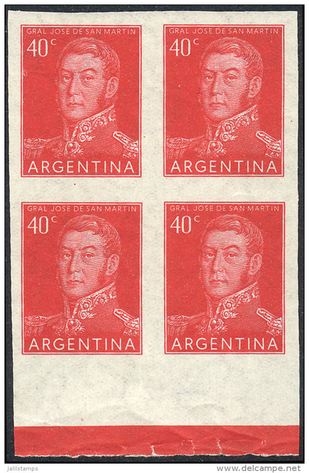 GJ.1041P, 1954/7 40c. San Martín, IMPERFORATE BLOCK OF 4, Unmounted, Excellent Quality, Catalog Value US$40. - Autres & Non Classés