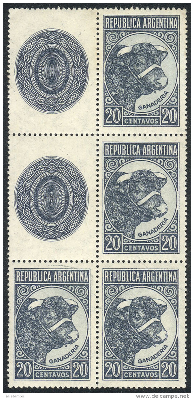 GJ.884CZ + 884A, 1942/52 20c. Bull, Block Of 4 Stamps And 2 Labels, Very Nice, Catalog Value US$150+ - Autres & Non Classés