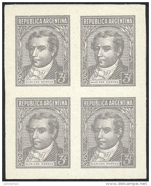 GJ.870, 1942 Moreno 3c., PROOF Printed In The Adopted Color On Paper Of Glazed Front, Imperforate Block Of 4, VF... - Sonstige & Ohne Zuordnung