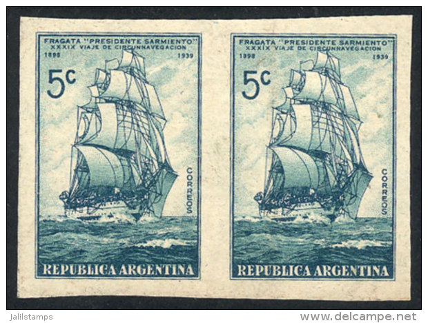 GJ.822, 1939 Frigate Sarmiento, PROOF In The Issued Color, Imperforate Pair On Special Paper For Specimens, Rare! - Autres & Non Classés