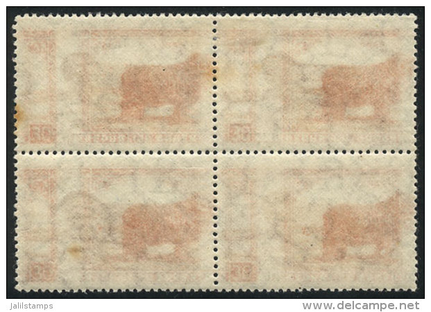 GJ.757a, 1935/52 30c. Sheep, Block Of 4 With Variety: DOUBLE IMPRESSION, ONE ON BACK (in Positive), Extremely Rare,... - Autres & Non Classés