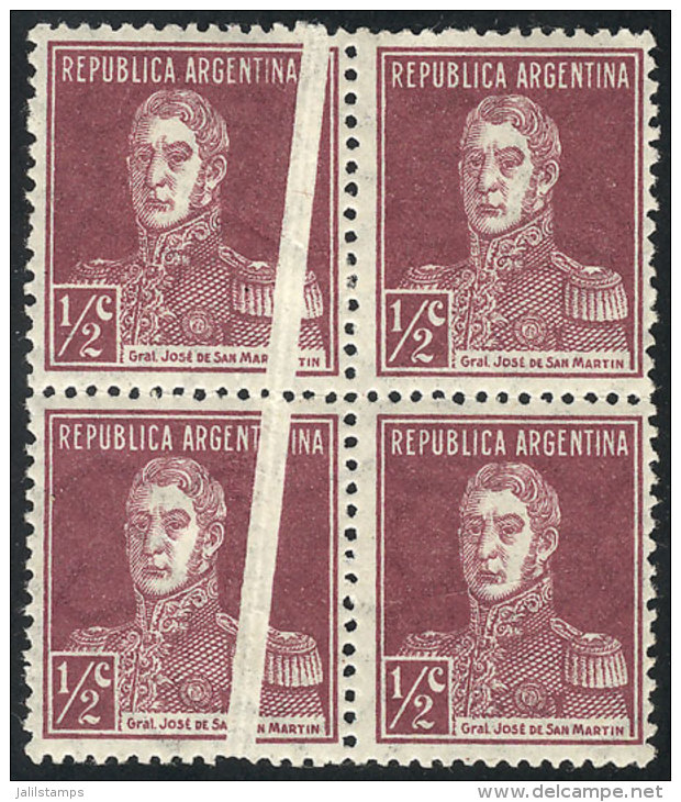 GJ.594, 1924 &frac12;c. San Martín W/o Period, Block Of 4 With Notable PAPER FOLD, Fantastic, Excellent... - Sonstige & Ohne Zuordnung