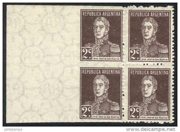 GJ.576, 1924 San Martín With Period 2c., Block Of 4, The Left Pair IMPERFORATE, Very Fine Quality, Rare! - Sonstige & Ohne Zuordnung