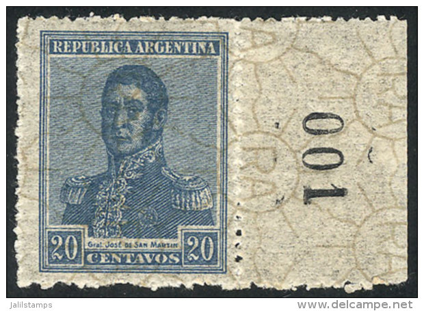 GJ.561, 1922 20c. San Martín With RA Watermark Printed On Front, With Sheet Number And 001 Plate Number,... - Autres & Non Classés