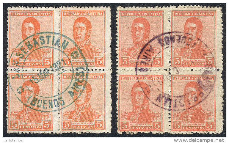 GJ.462, 2 Blocks Of 4 With Cancels Of SAN SEBASTIÁN (Buenos Aires) In Green-blue And Violet, VF Quality,... - Autres & Non Classés