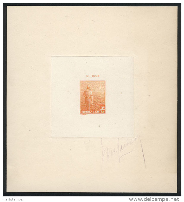 GJ.318, 1911 Plowman 12c., Die Proof With Printing Number C-1003, Printed In Orange On Thin Paper Glued To Card,... - Autres & Non Classés