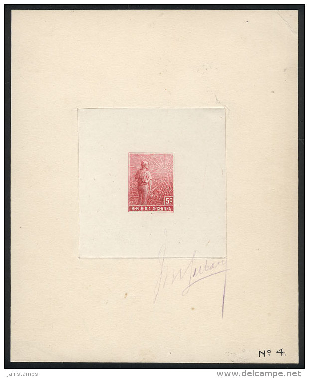 GJ.317, 1911 Plowman 5c., Die Proof Printed In Claret Color On Thin Paper Glued To Card, WITH SIGNATURE Of... - Sonstige & Ohne Zuordnung