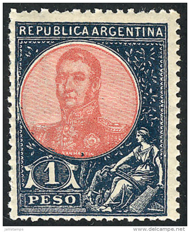 GJ.299A, 1908 San Martín In Oval 1P. INDIGO BLUE And Rose, Mint Lightly Hinged, Very Fresh, Rare! - Sonstige & Ohne Zuordnung