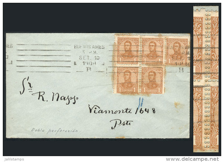 GJ.276, 1908 1c. San Martín In Oval, Block Of 5 With DOUBLE VERTICAL PERFORATION Variety, Franking A Cover... - Autres & Non Classés