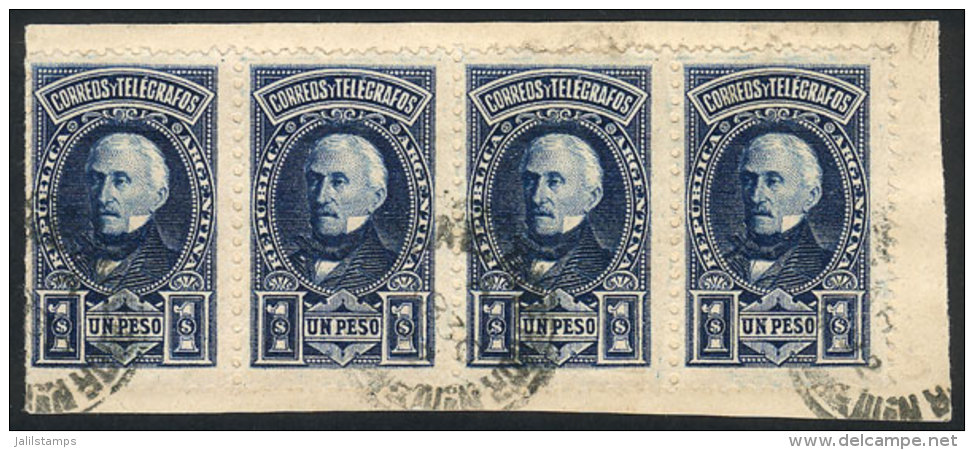 GJ.115, 1889 1P. San Martín, Strip Of 4 Used On Fragment, Excellent Quality, Very Rare! - Autres & Non Classés