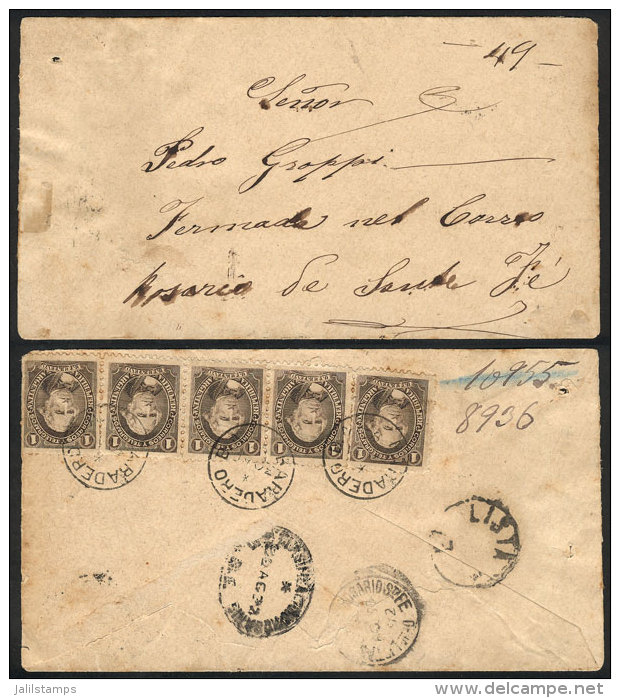 GJ.101, Strip Of 5 Franking A Cover Sent From BARADERO To Rosario On 30/AU/1892, With Interesting Cancels, Rare! - Autres & Non Classés