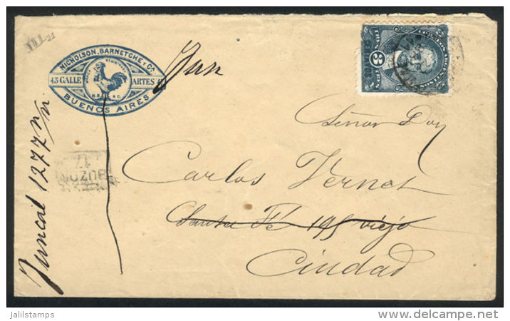 GJ.83, 1888 3c. Juarez Celman (minor Defect) Franking ALONE A Cover With Nice Corner Card (rooster) Used In Buenos... - Sonstige & Ohne Zuordnung