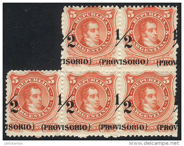 GJ.59, Beautiful Block Of 5 With VARIETY: Very Shifted Overprint (over The Perforation), Excellent Quality! - Autres & Non Classés