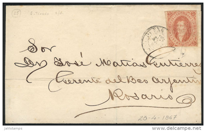 GJ.27, 6th Printing Imperforate, Dun-red, Franking A Folded Cover Sent From Buenos Aires To Rosario On 23/AP/1867,... - Lettres & Documents