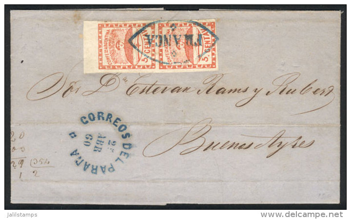 GJ.1, Vertical Pair Of 5c. Red Franking An Entire Letter Sent To Buenos Aires On 25/AP/1860, Double Ogive FRANCA... - Lettres & Documents