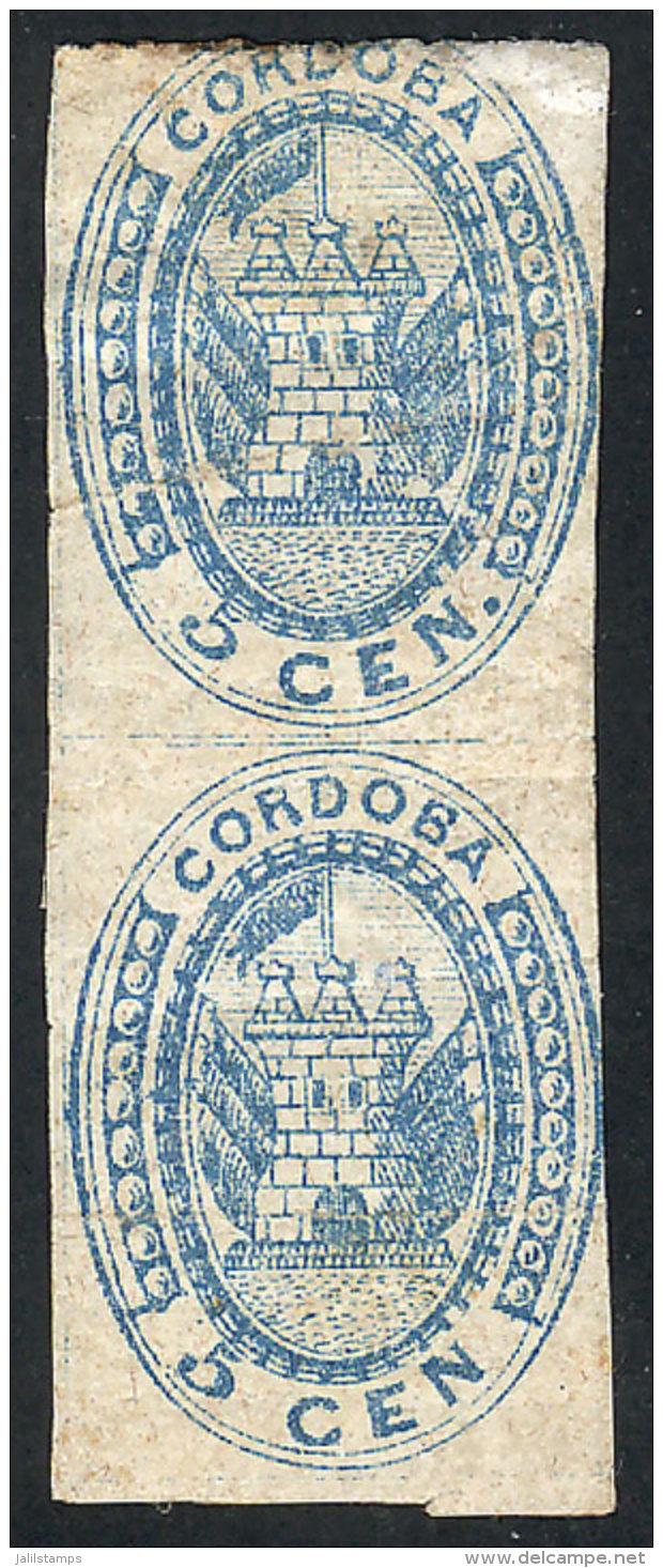 GJ.1, 5c. Blue, Vertical Pair With Defects, Good Appearance, Catalog Value US$300, Good Opportunity! - Cordoba (1858-1860)