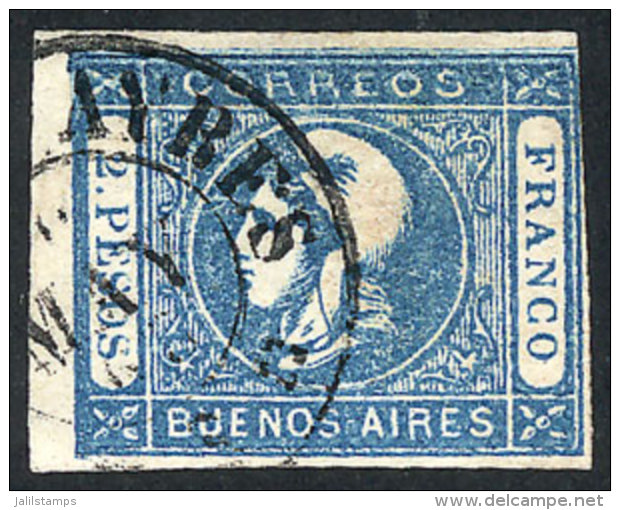 GJ.22d, 1862 2P. Blue Worn Impression, WITH Lacroix Freres Watermark, Small Thin On Back In The Hinge Area, Rare,... - Buenos Aires (1858-1864)