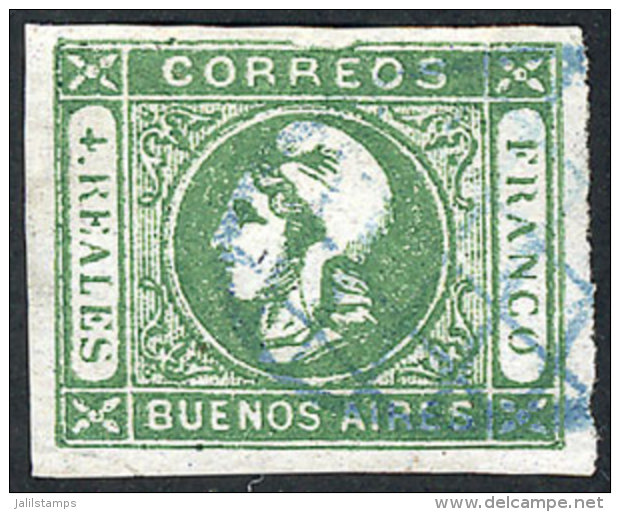 GJ.16, 4R. Green, With "top Frame Line Broken, Over RE Of CORREOS" Variety, With Blue Grid Cancel Of Buenos Aires,... - Buenos Aires (1858-1864)