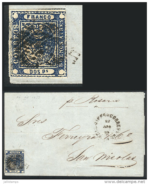 GJ.5, Dos Pesos Blue, Beautiful Copy Of Wide Margins Franking A Folded Cover Sent To San Nicolás On... - Buenos Aires (1858-1864)