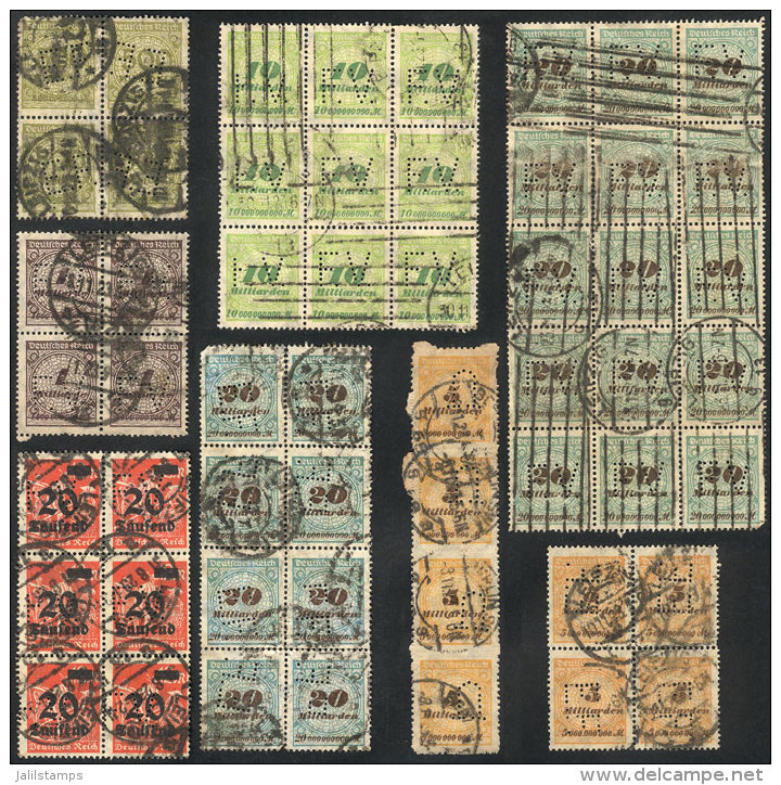 PERFINS: 96 Blocks Of 4 Or Larger Of Stamps Used During The INFLATION Period, All With Commercial Perfins, From A... - Sammlungen