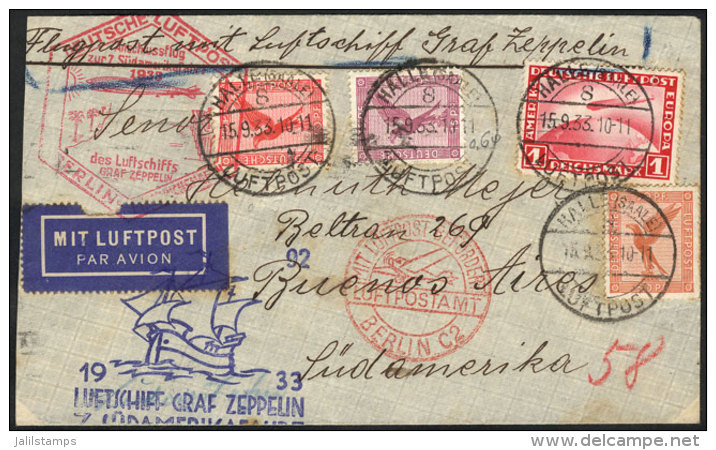 15/SE/1933 HALLE - Buenos Aires By Zeppelin: Very Coloful Cover With Special Handstamps Of The Flight And 4-color... - Sonstige & Ohne Zuordnung