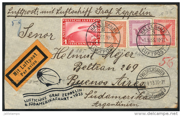1/SE/1933 HALLE - Buenos Aires: Zeppelin Cover Franked With 1.75RM., With Special Handstamp Of The Flight,... - Other & Unclassified