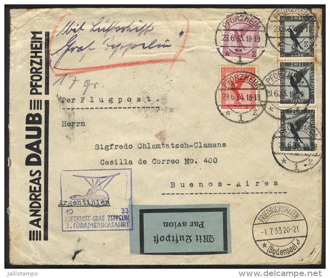 29/JUN/1933 Pforzheim - Buenos Aires, By Zeppelin: Cover Franked With 6.25RM., Dispatched In The 3rd Flight To... - Sonstige & Ohne Zuordnung