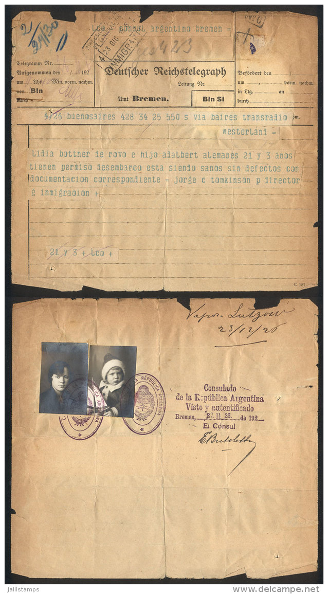 Telegram Received By The Argentine Consulate In Bremen (Germany) With Immigration Permit For A Lidia Bottner De... - Autres & Non Classés