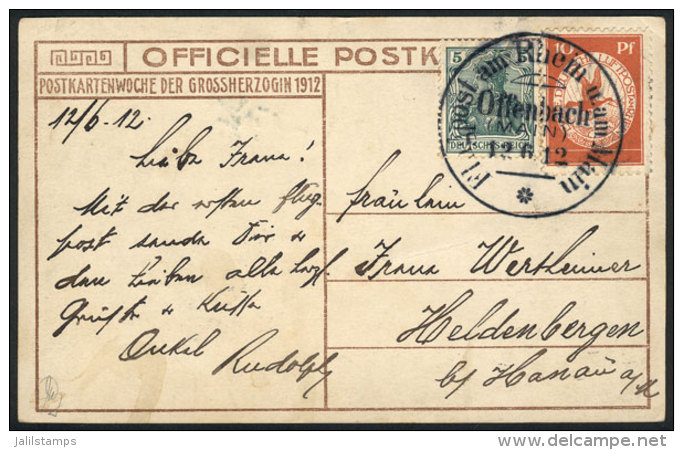 Official Postcard Franked By 5Pf. Green + Semi-official Stamp Of 10Pf., Special Cancellaction "Flugpost Am Rhein U.... - Sonstige & Ohne Zuordnung