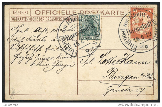 Official Postcard Franked By 5Pf. Green + Semi-official Stamp Of 10Pf., Special Cancellaction "Flugpost Am Rhein U.... - Andere & Zonder Classificatie